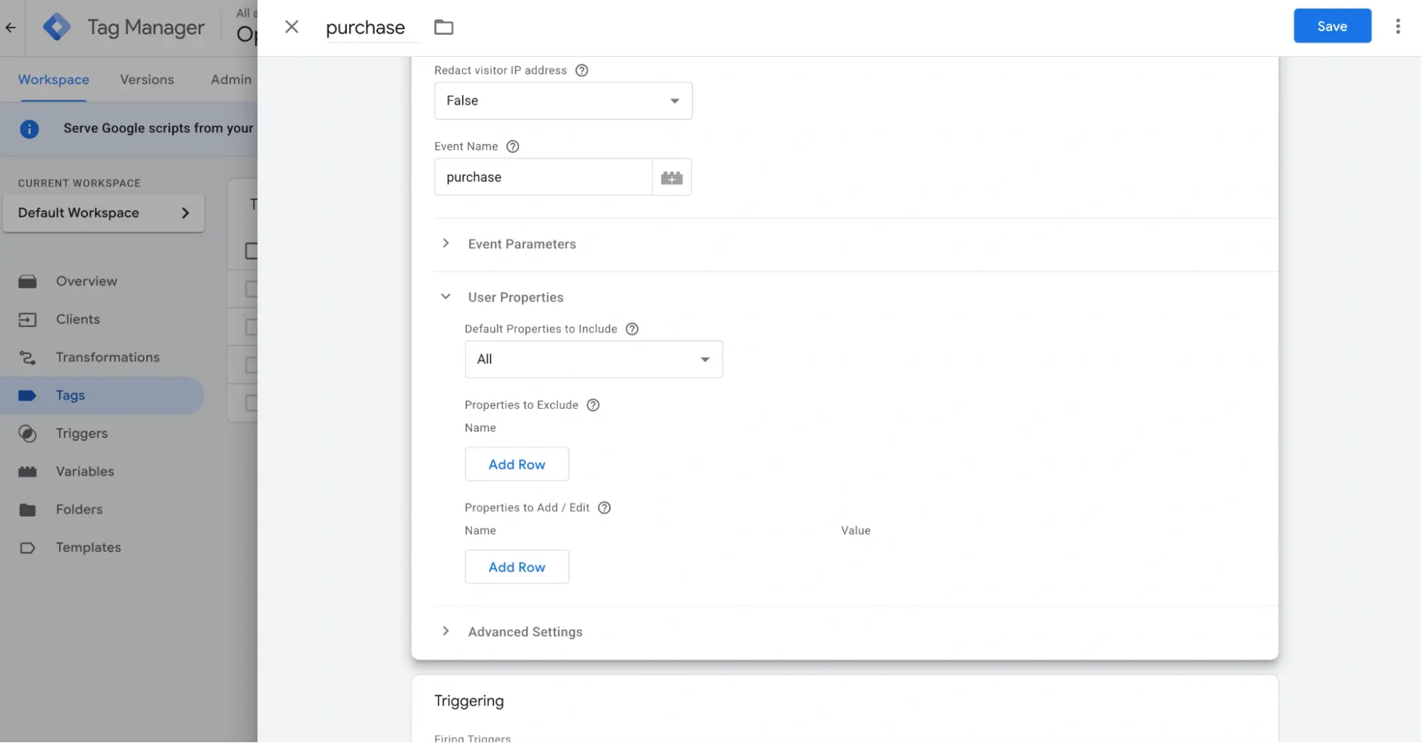 Configuring the Tag Manager container